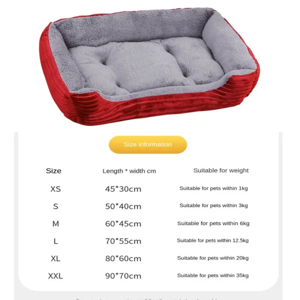 soft square plush pet bed size chart