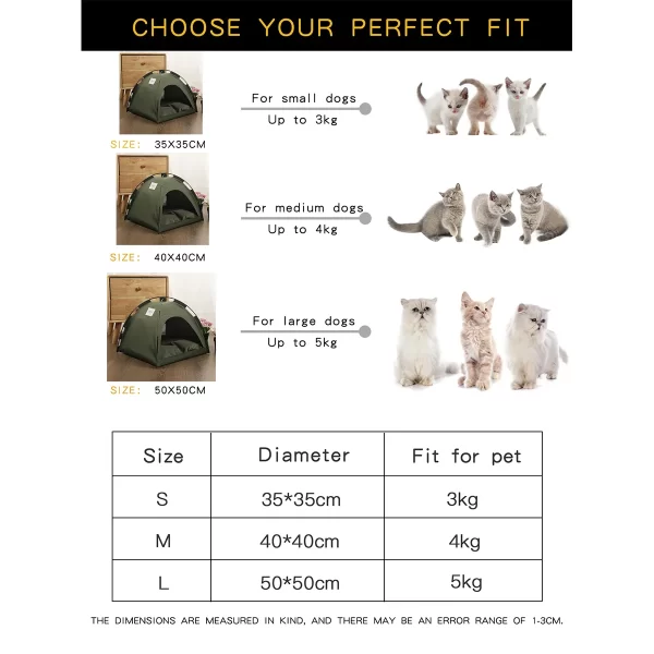 warm cushion pet tent bed size chart